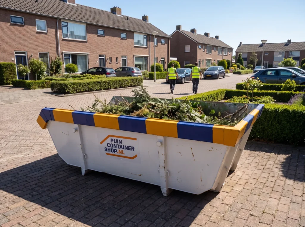 Container huren in Vlissingen: afzetcontainer van Puincontainershop.nl op een oprit bij een woning
