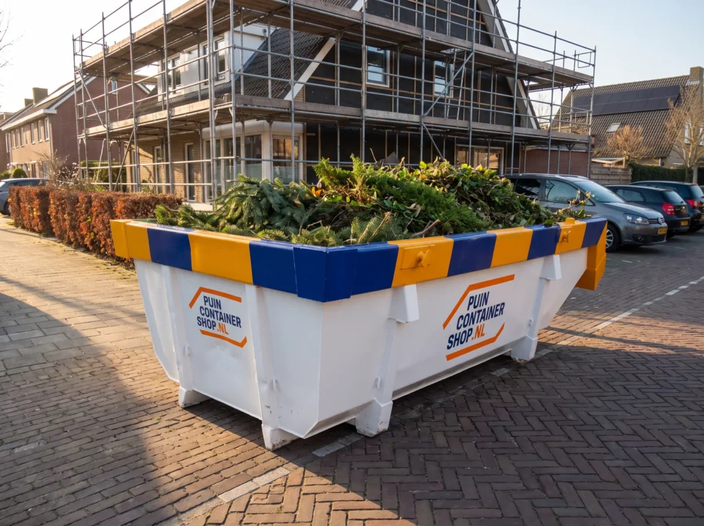 Container huren in Voorschoten: afzetcontainer van Puincontainershop.nl op een oprit bij een woning