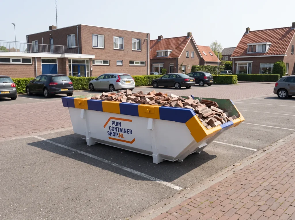 Container huren in Waalwijk: afzetcontainer van Puincontainershop.nl op een oprit bij een woning