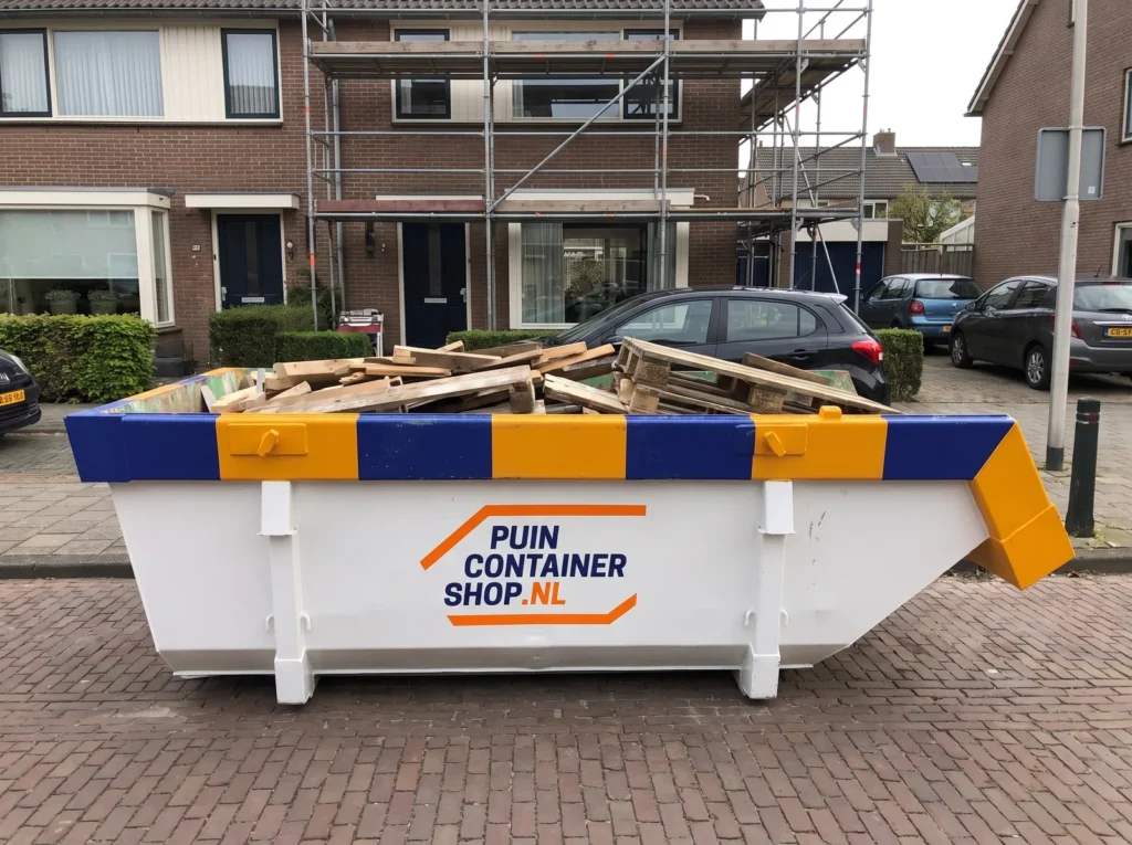 Container huren in Wageningen: afzetcontainer van Puincontainershop.nl op een oprit bij een woning