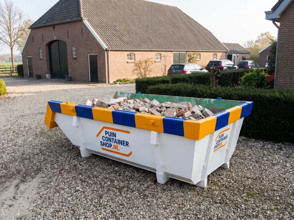 Container huren in Wassenaar: afzetcontainer van Puincontainershop.nl op een oprit bij een woning