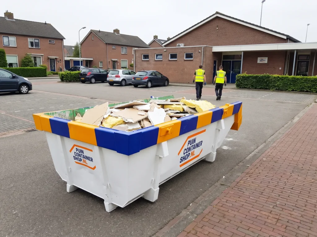 Container huren in Weert: afzetcontainer van Puincontainershop.nl op een oprit bij een woning