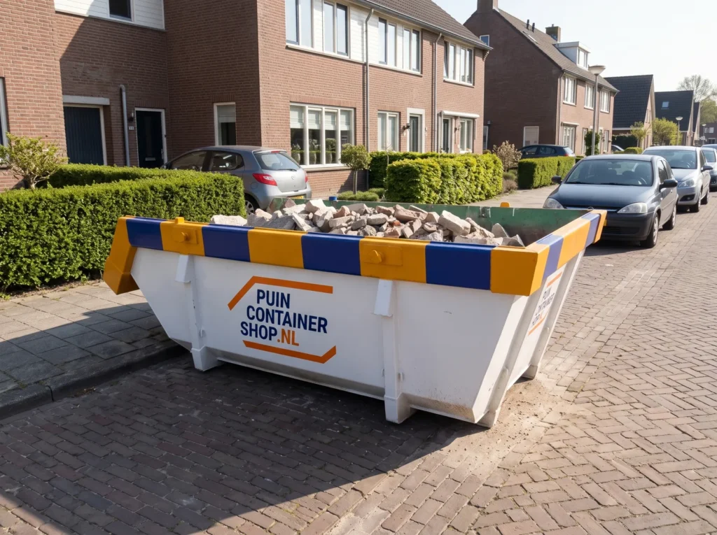 Container huren in Wijk bij Duurstede: afzetcontainer van Puincontainershop.nl in een smalle straat bij een woning.