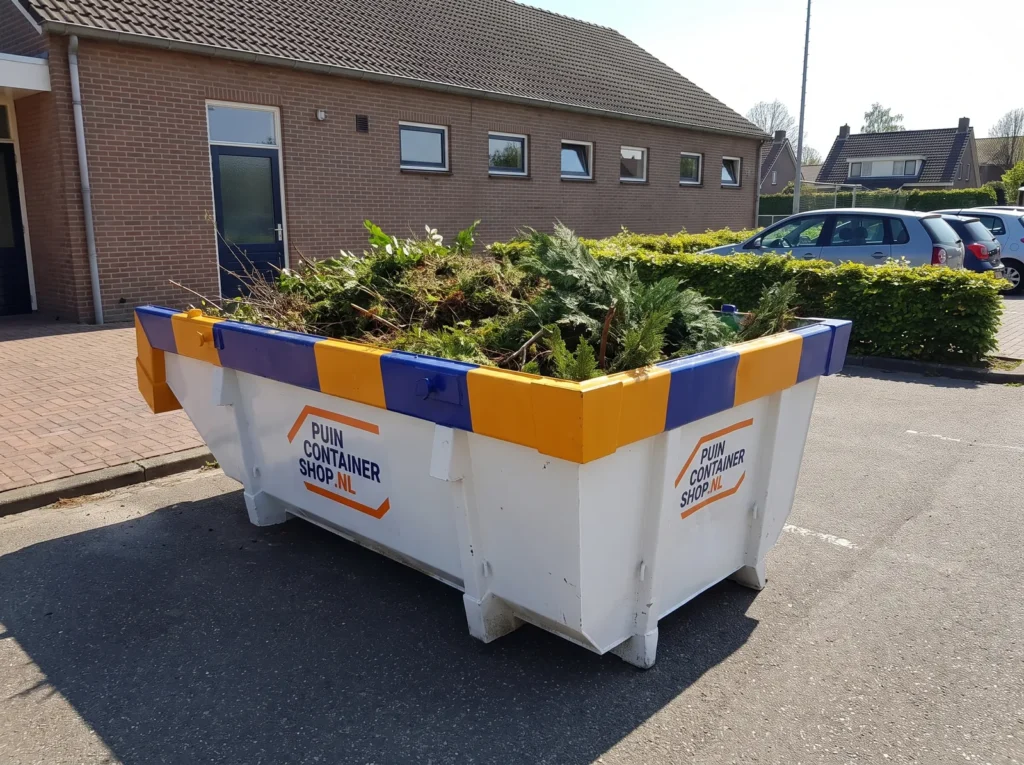 Container huren in Winterswijk: afzetcontainer van Puincontainershop.nl op een oprit bij een woning