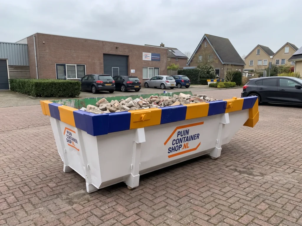 Container huren in Woerden: afzetcontainer van Puincontainershop.nl op een oprit bij een woning