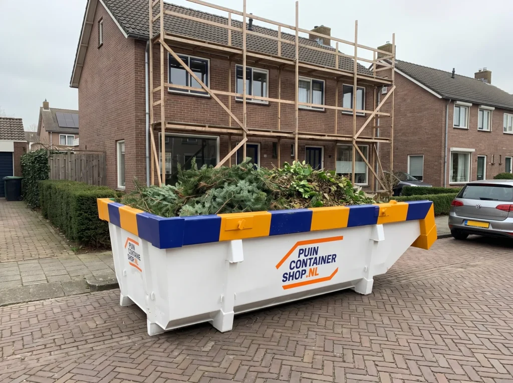 Container huren in Zaandam: afzetcontainer van Puincontainershop.nl op een oprit bij een woning