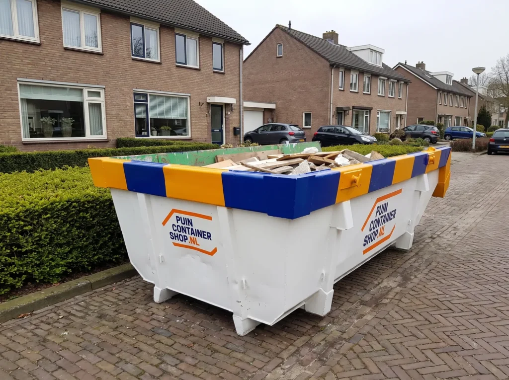 Container huren in Zeist: afzetcontainer van Puincontainershop.nl op een oprit bij een woning met grote tuin