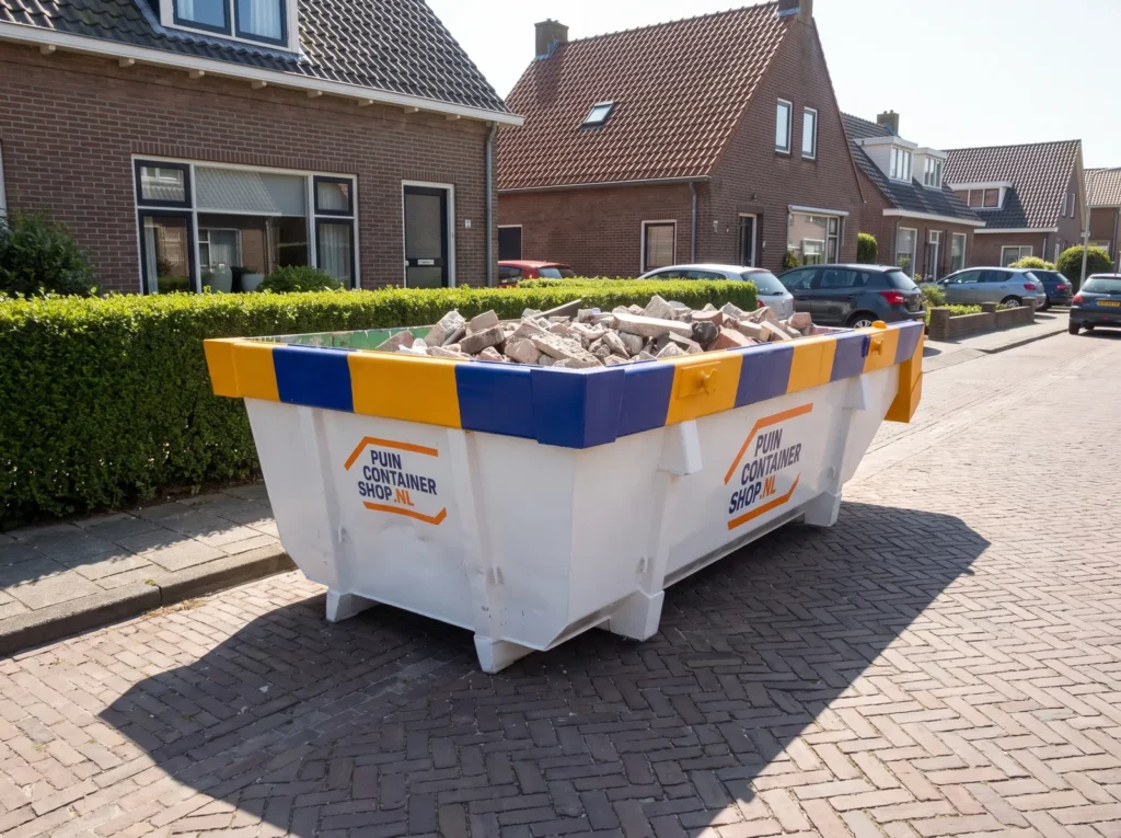 Container huren in Zierikzee: afzetcontainer van Puincontainershop.nl op een oprit bij een woning