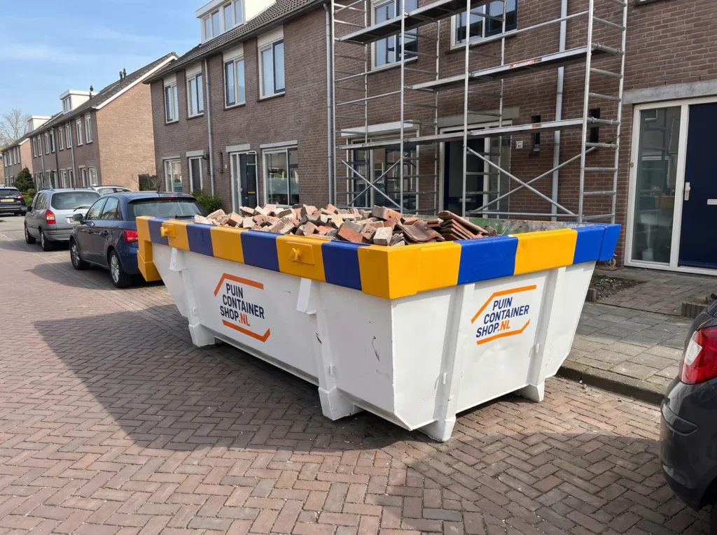 Container huren in Zoetermeer: afzetcontainer van Puincontainershop.nl op een oprit bij een woning