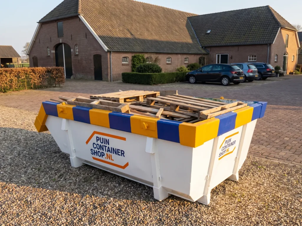 Container huren in Zutphen: afzetcontainer van Puincontainershop.nl op een oprit bij een woning