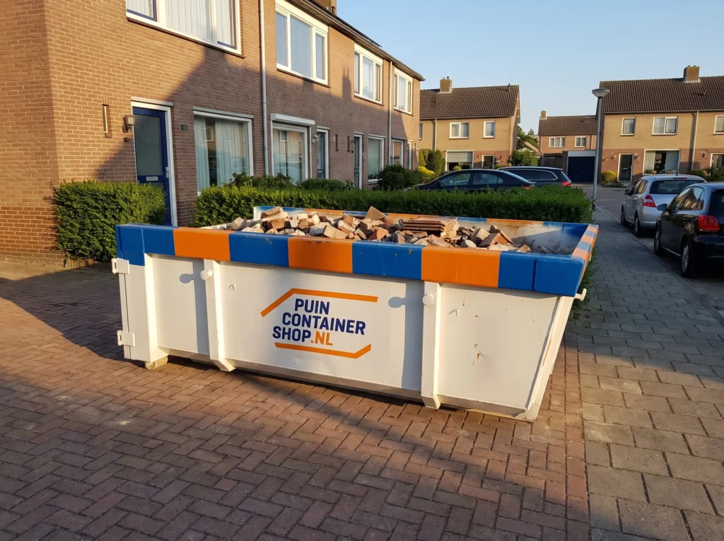 Container huren in Zwijndrecht: afzetcontainer van Puincontainershop.nl op een oprit bij een woning